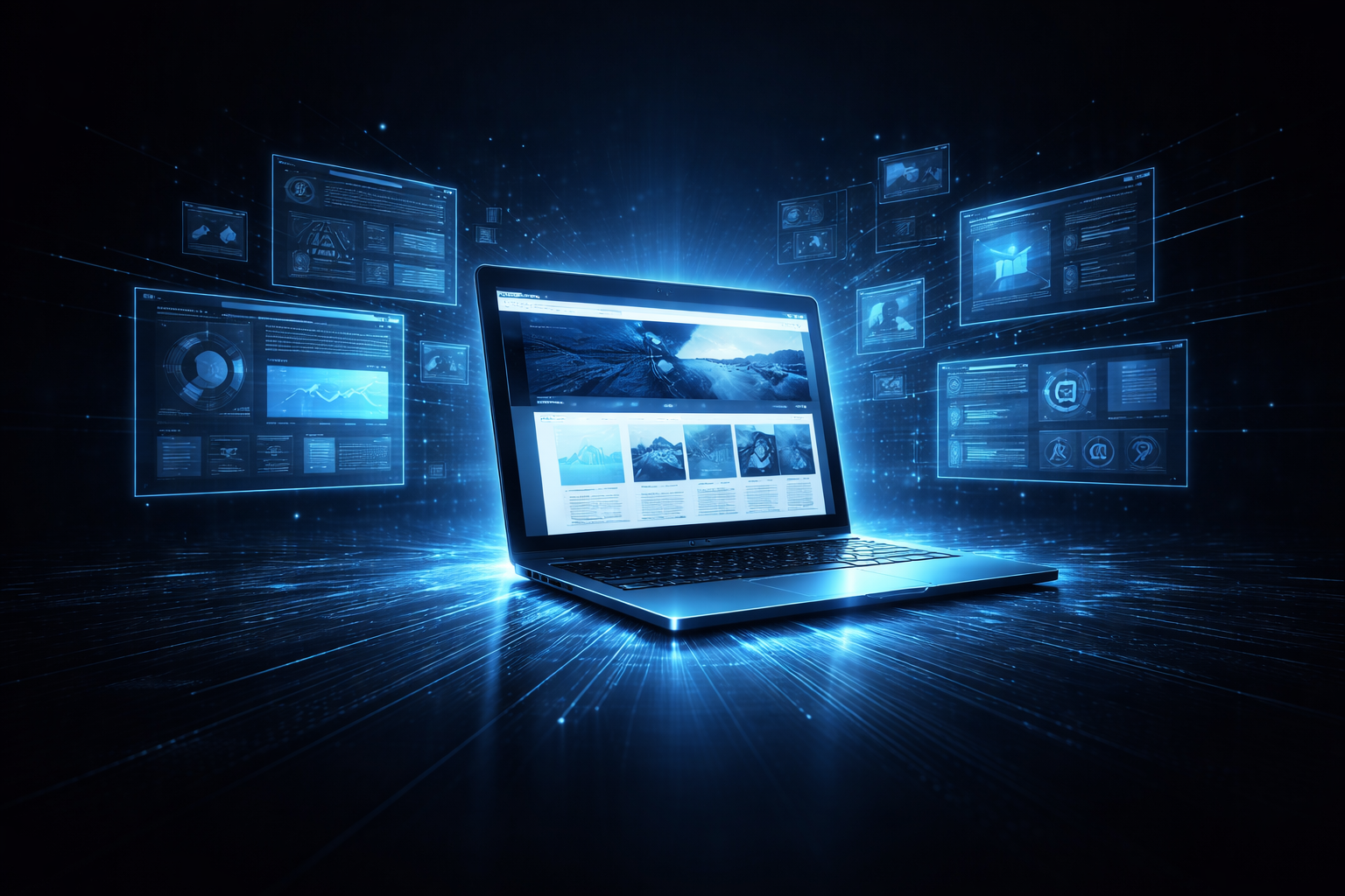 Moderne Website Entwicklung dargestellt durch einen Laptop mit digitalem Interface auf dunklem Hintergrund als Symbol für professionelles Webdesign und individuelle Webseiten Erstellung