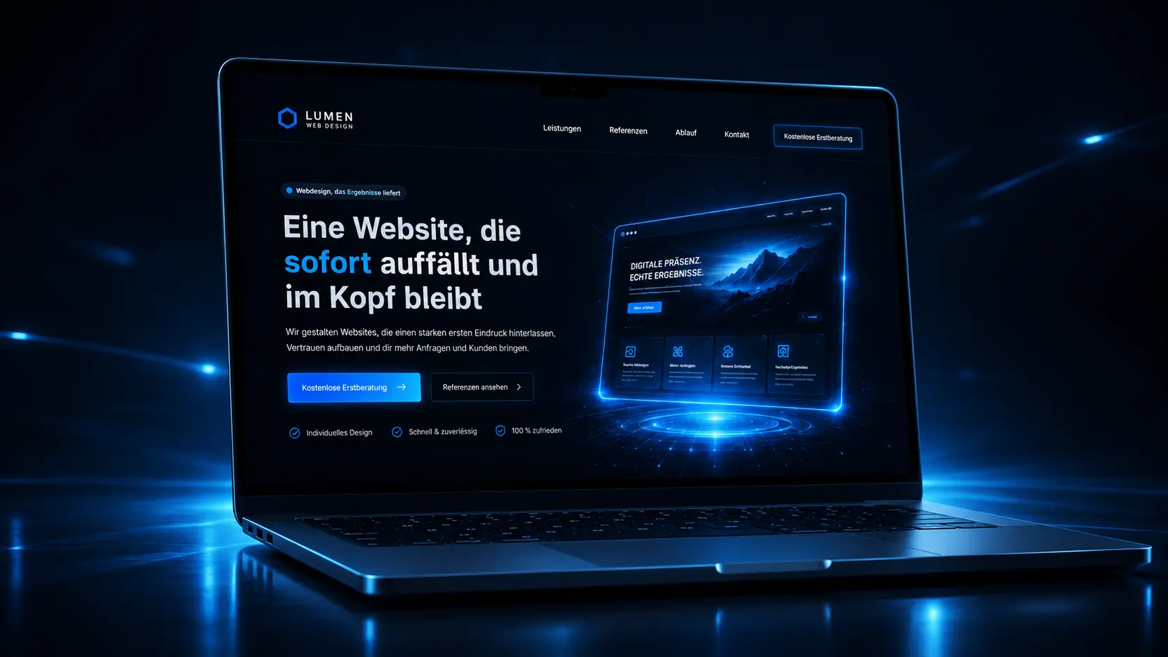 Moderne Website Entwicklung dargestellt durch einen Laptop mit digitalem Interface auf dunklem Hintergrund als Symbol für professionelles Webdesign und individuelle Webseiten Erstellung